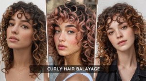 Collage of three curly hair balayage styles featuring caramel, rose gold, and copper tones separated by narrow vertical lines