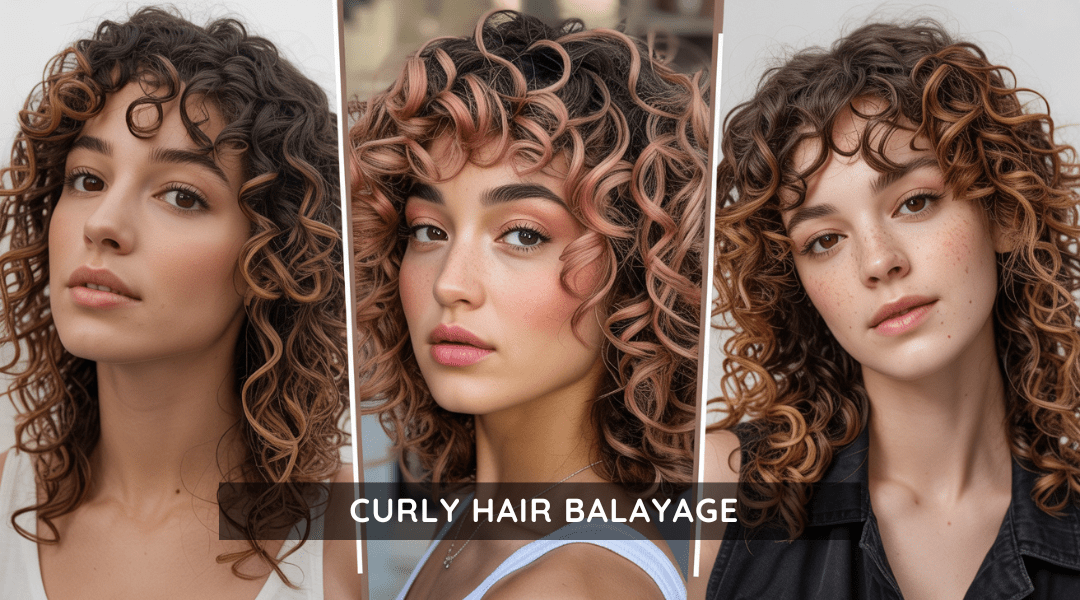 Collage of three curly hair balayage styles featuring caramel, rose gold, and copper tones separated by narrow vertical lines