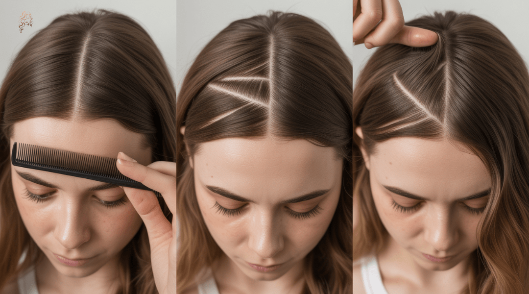 Comparison of three parting styles: middle part, zig-zag part, and side part, used to customize highlight placement based on face shape and style.