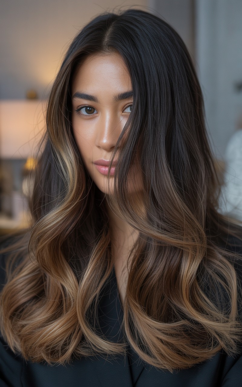 Long brunette hair with dark caramel balayage highlights styled in soft waves for a warm, dimensional finish.