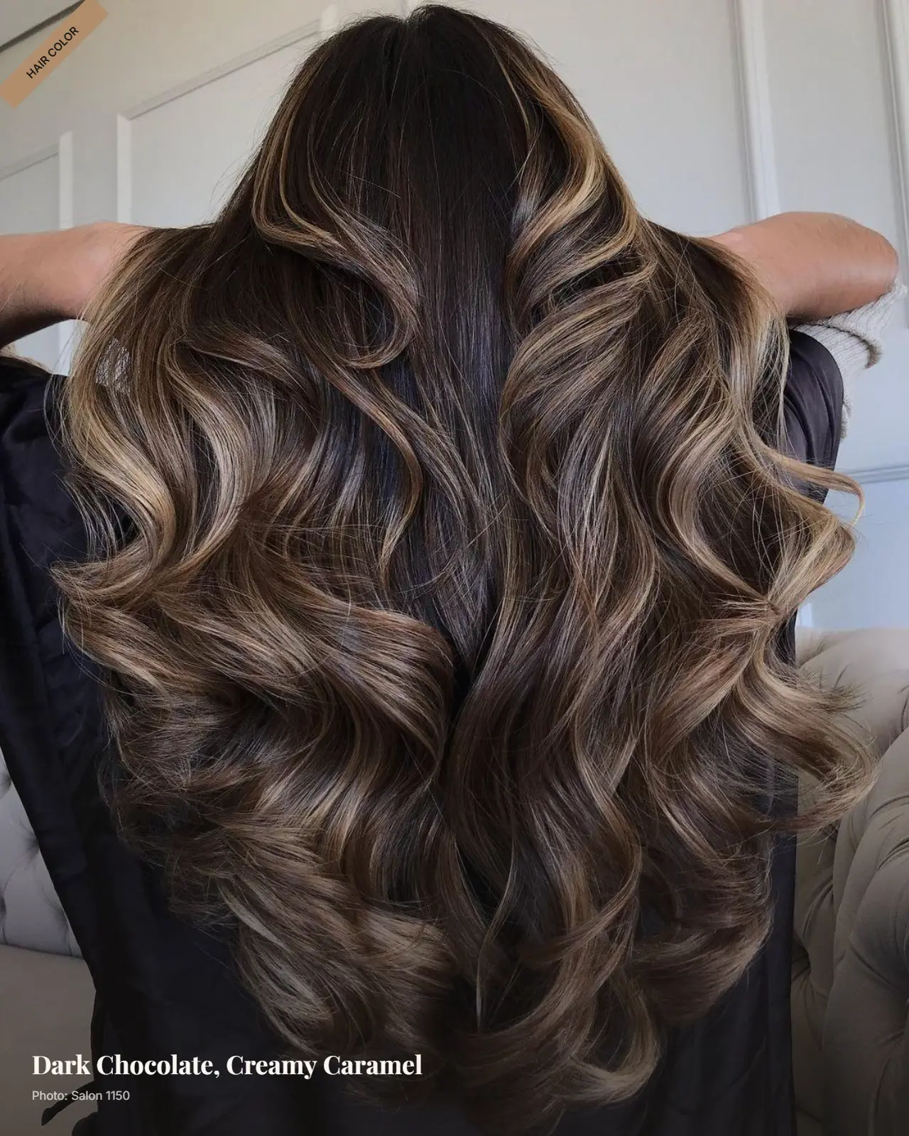 Long wavy dark chocolate hair with creamy caramel balayage ribbons