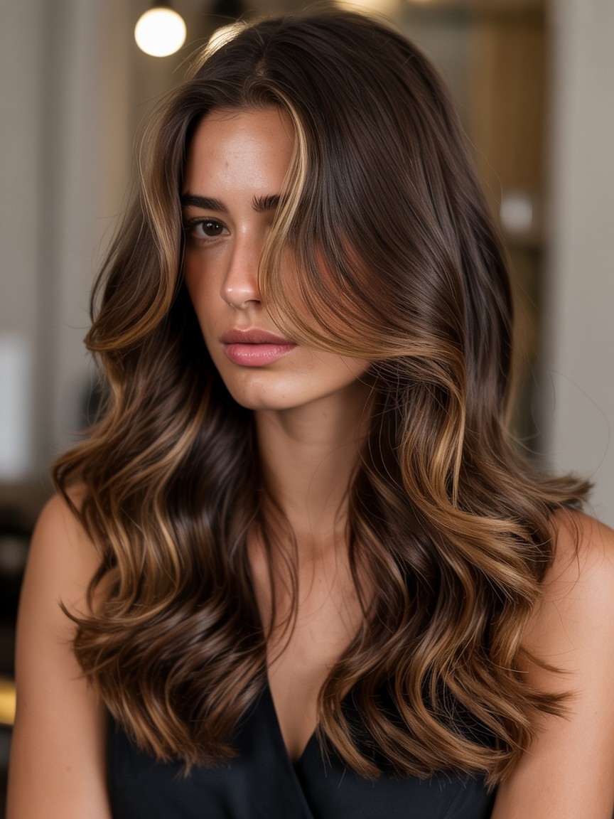 Long wavy hair with dark chocolate brown base and caramel espresso balayage, styled to reflect rich macchiato tones.
