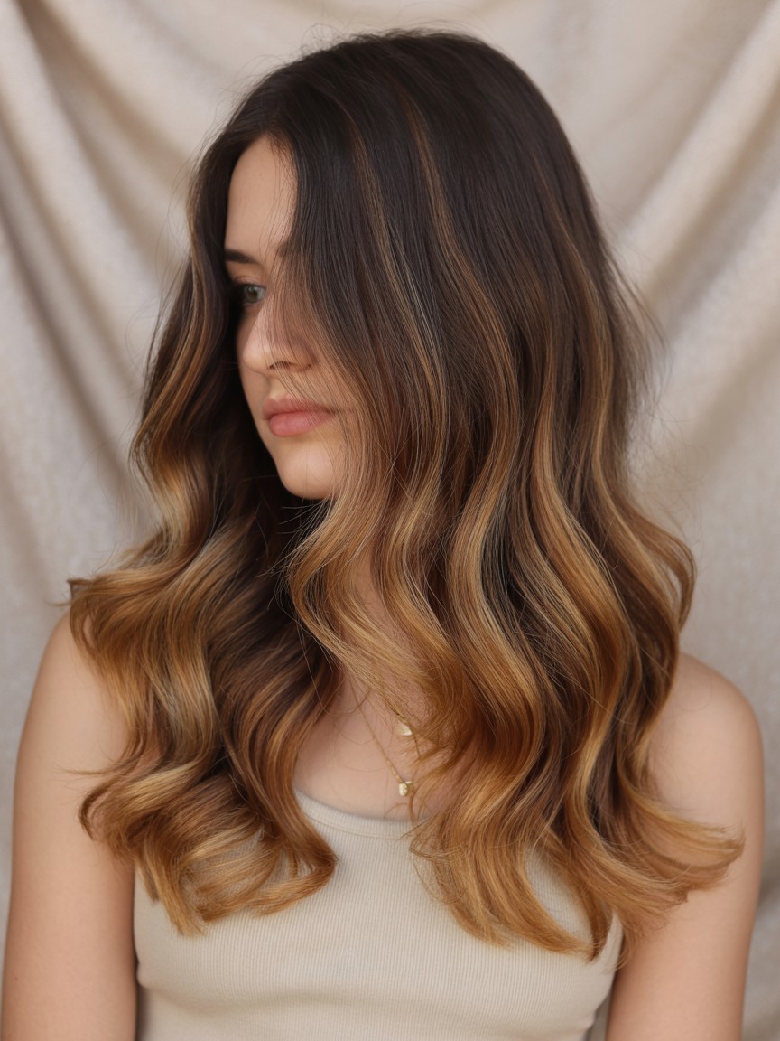 Long hair with dark brown roots blending into soft caramel balayage styled in loose waves