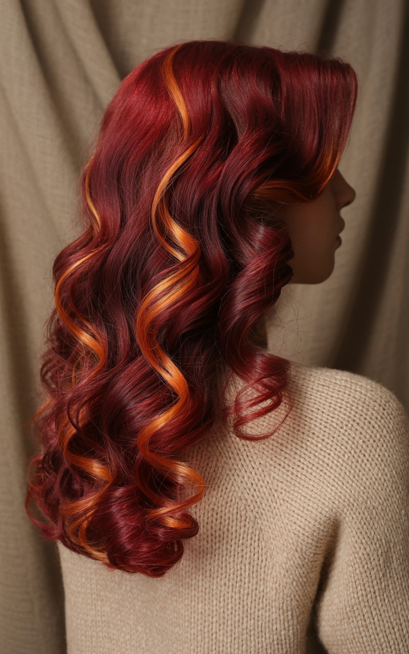 Back view of long curly hair with deep red base and vibrant copper highlights, styled in soft waves to show radiant color contrast.