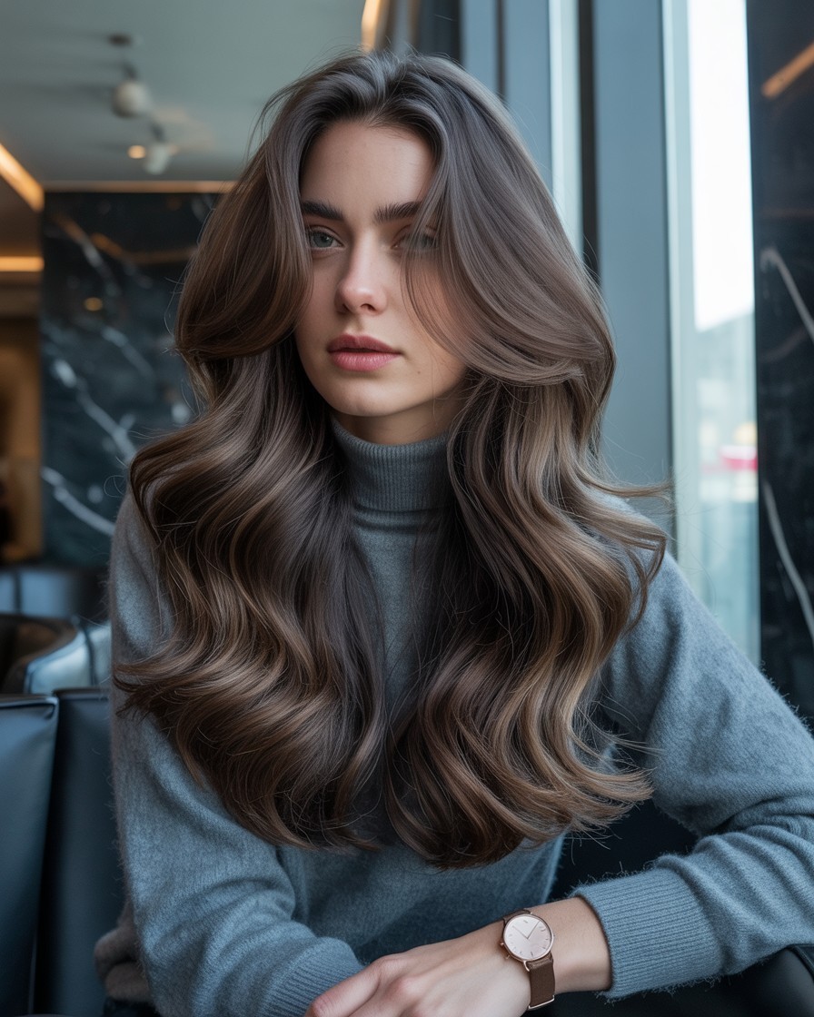 Brunette hair with layered ash lowlights in charcoal and smoky taupe tones, styled in loose waves for subtle multi-tonal depth