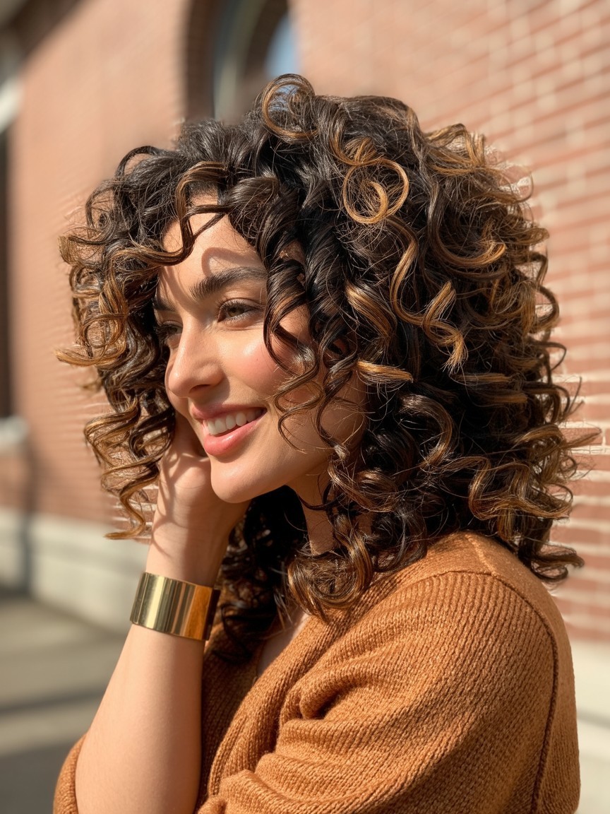 3B/3C curly hair with dimensional balayage in chocolate, caramel, and golden tones, styled with a terracotta knit and gold cuff in front of a warm urban wall.
