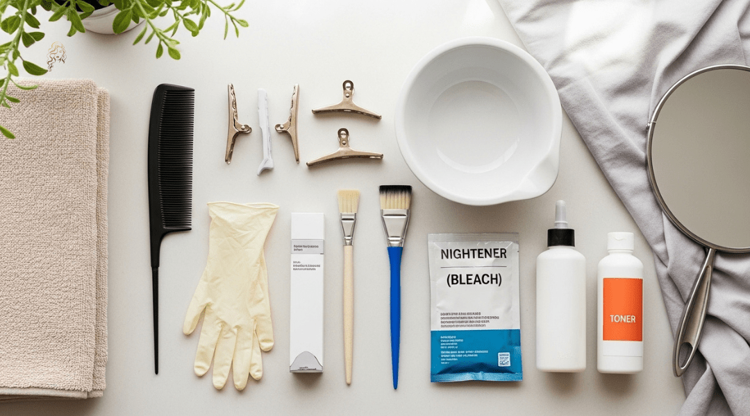 Flat lay of balayage hair coloring tools including comb, clips, bowl, gloves, brush, bleach, developer, toner, and setup essentials for safe DIY application.