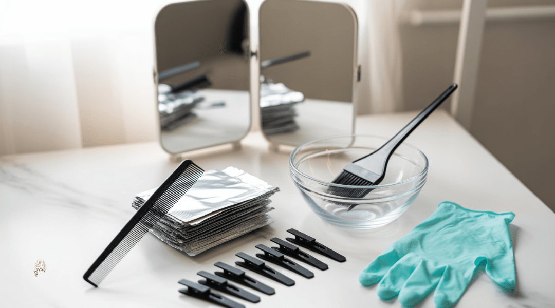 Flat lay of essential hair highlighting tools: rat-tail comb, alligator clips, foils, mixing bowl, gloves, and dual mirror setup for DIY sectioning.