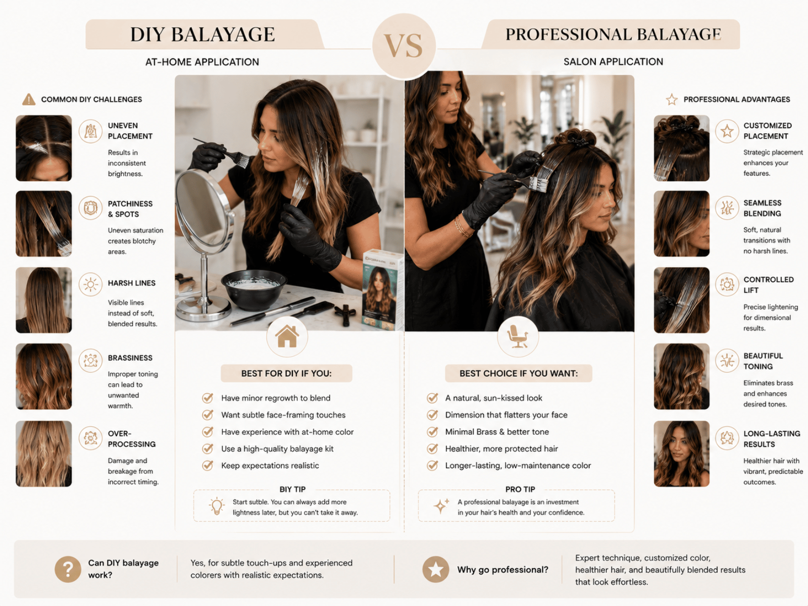 Infographic comparing DIY balayage and professional balayage, showing common at-home mistakes and the benefits of professional application.