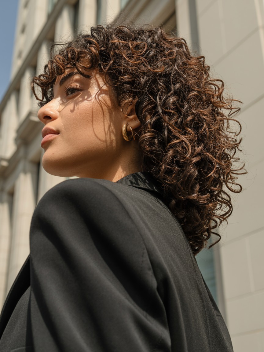 Defined curly hair in espresso balayage with subtle chocolate highlights, styled with a black blazer and photographed against a neutral-toned stone urban backdrop.