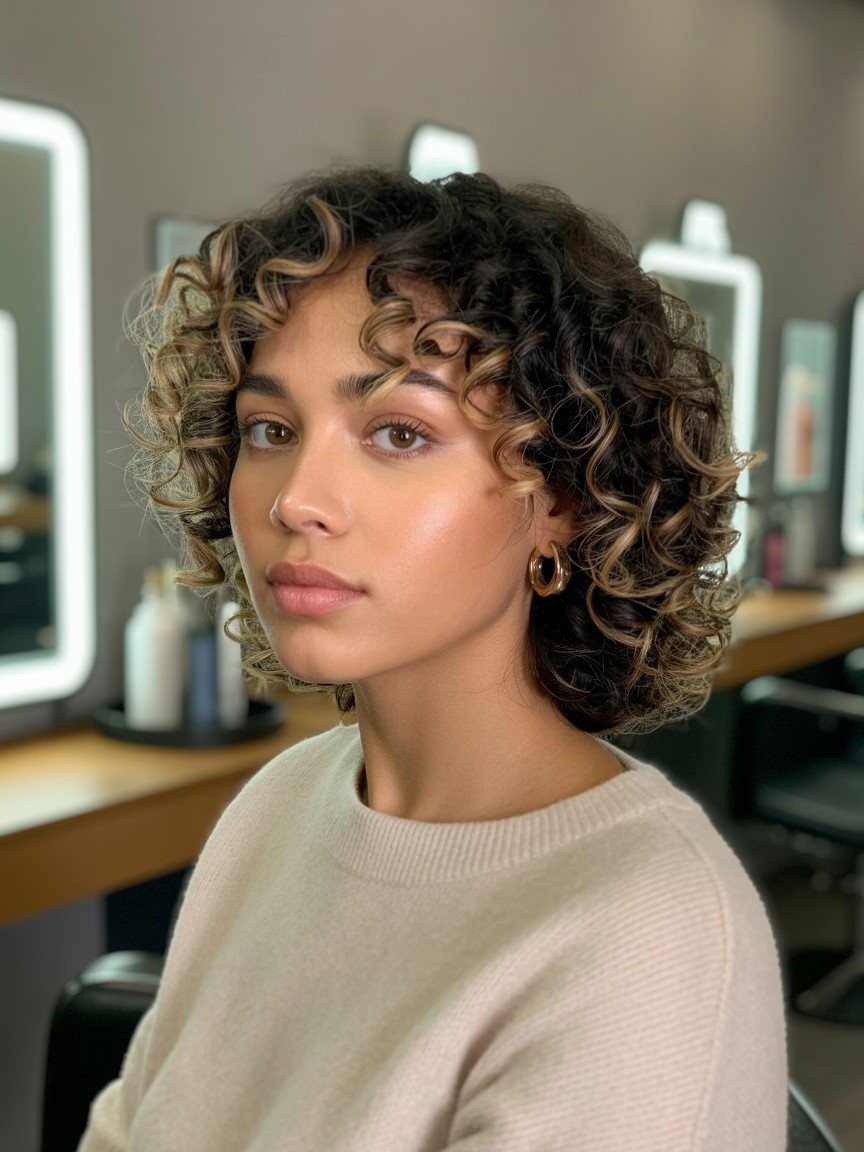 Curly hair with face-framing balayage highlights around the temples and hairline, styled with gold hoops and a cream sweater in front of a softly lit salon mirror.