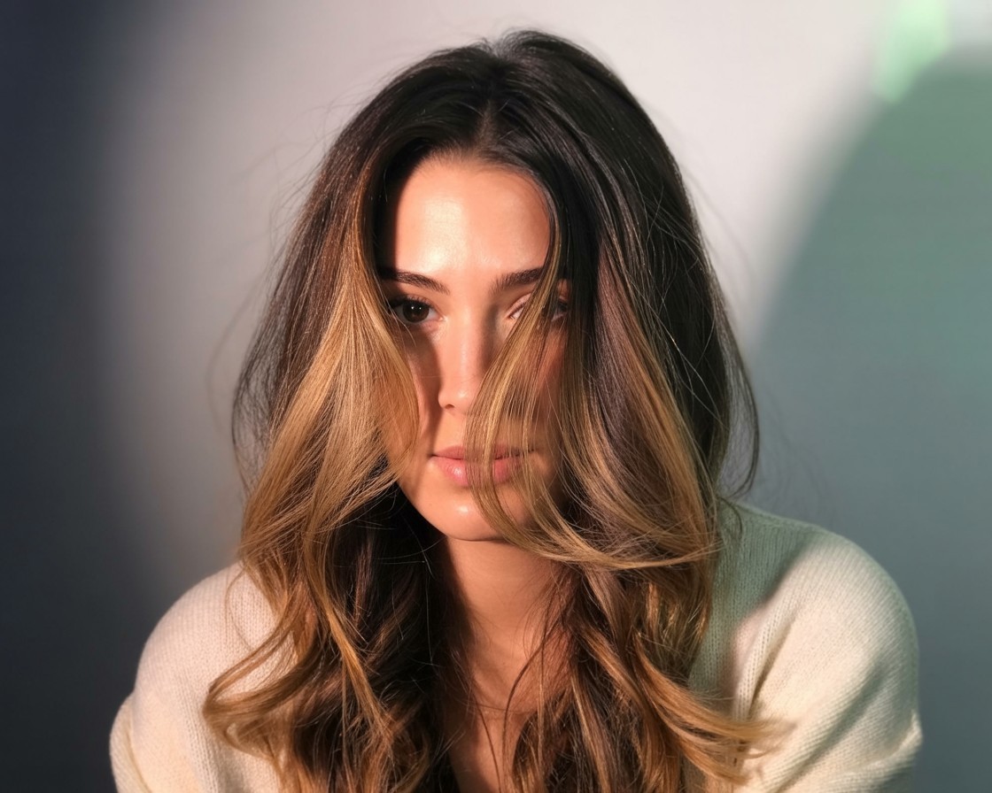 Face-framing caramel ombré on wavy brunette hair with soft golden highlights around the face.