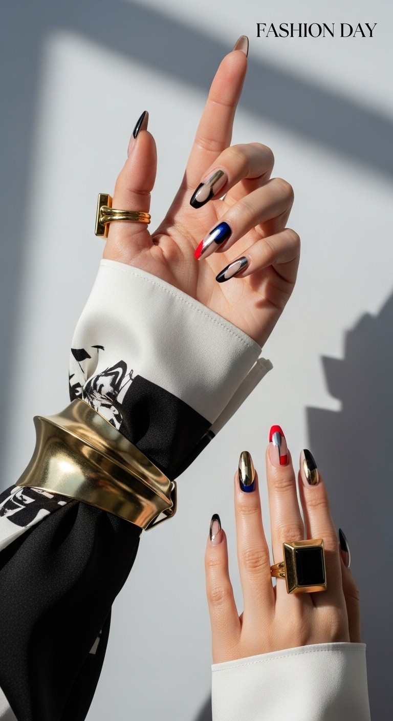 Editorial-inspired nail art in bold colors and abstract designs on a stylish hand with a fashion-forward sleeve, perfect for Fashion Day.