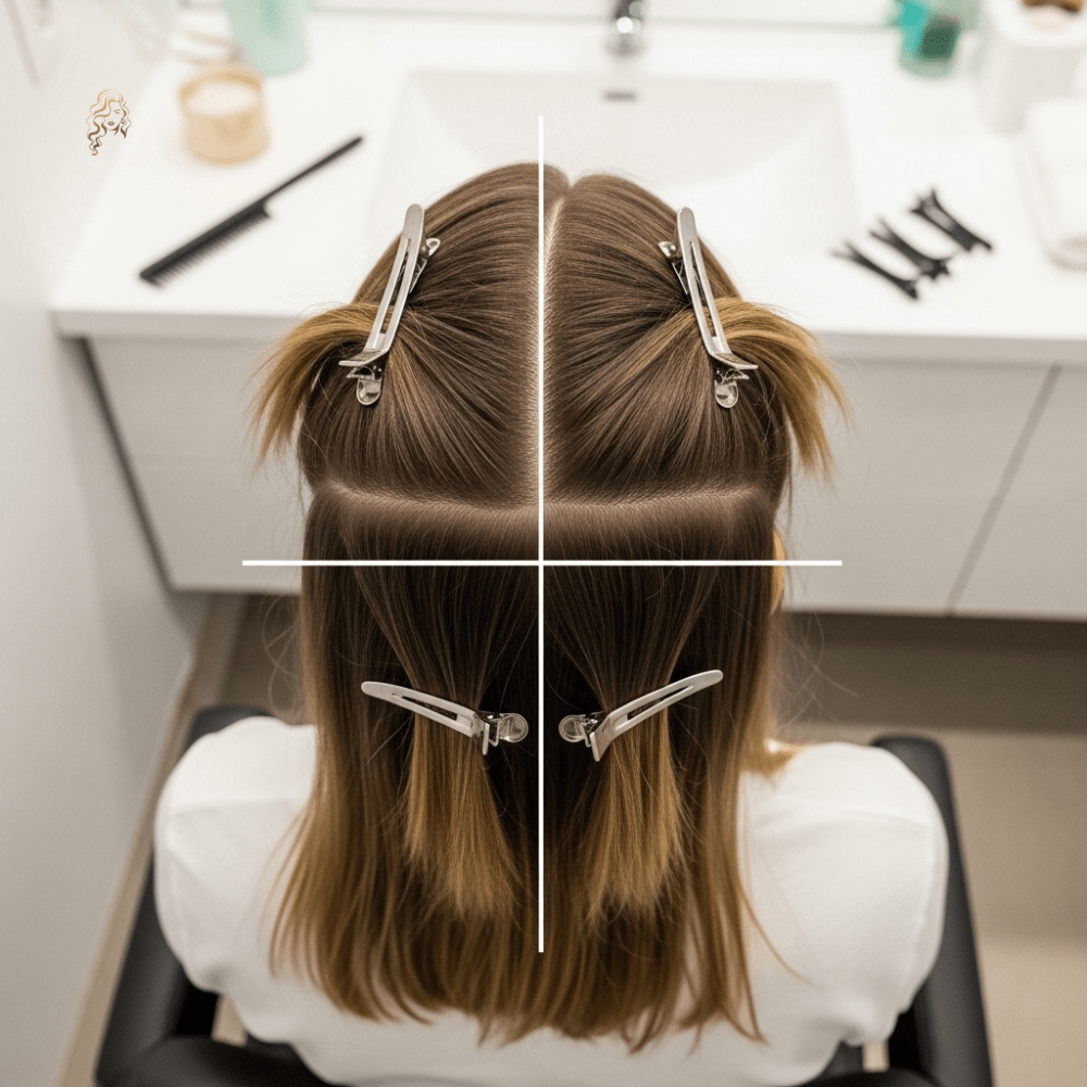 Top view of a woman’s hair sectioned into four quadrants using a rat-tail comb and clips for at-home highlights.