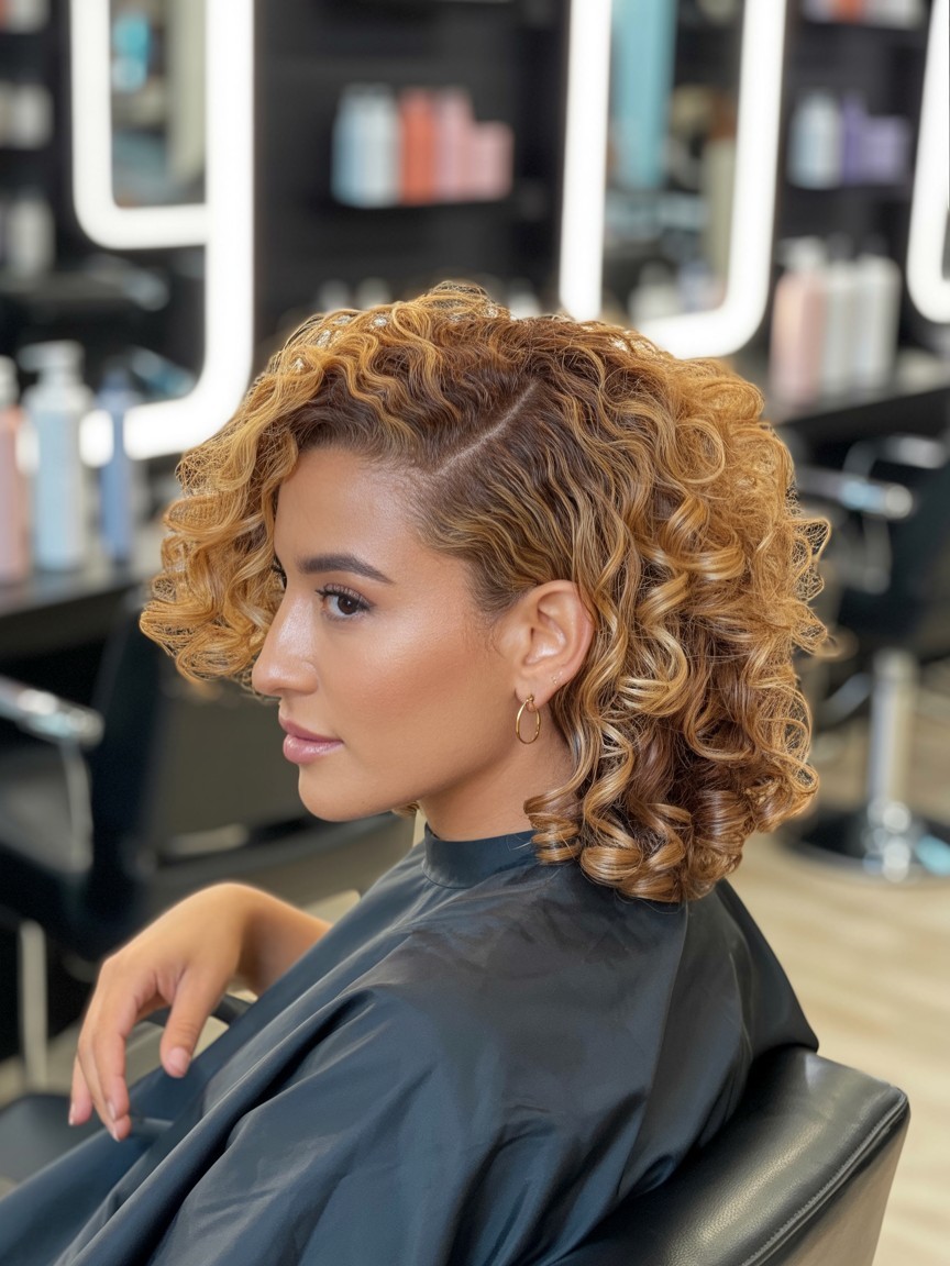 Golden bronze balayage on curly hair with radiant blonde and bronze tones, photographed in a modern salon with soft lighting and subtle styling tools in the background.