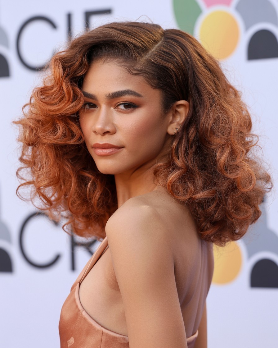 Zendaya with grown-out copper balayage curls, featuring defined texture and natural root regrowth at a red carpet event.