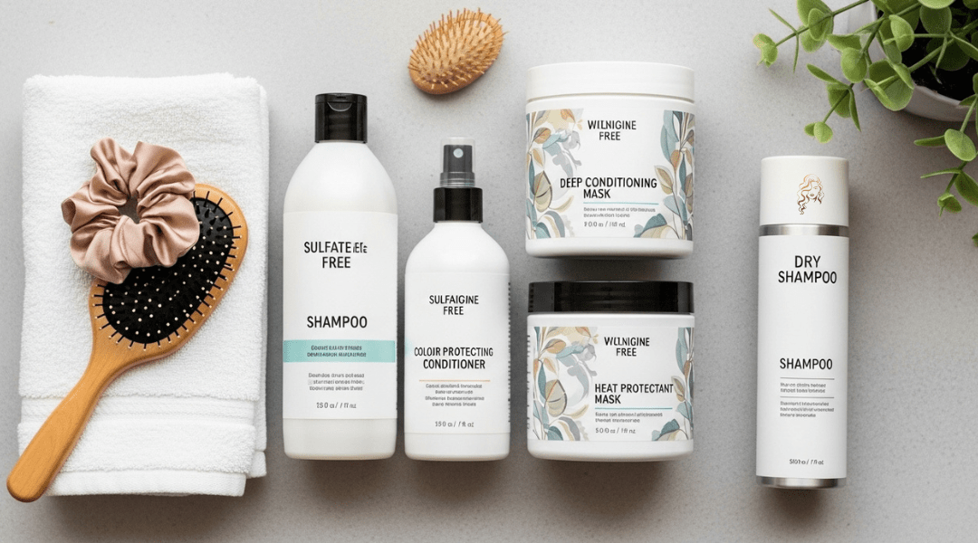 Flat lay of essential hair color aftercare products including sulfate-free shampoo, conditioner, heat protectant, and deep conditioning mask.
