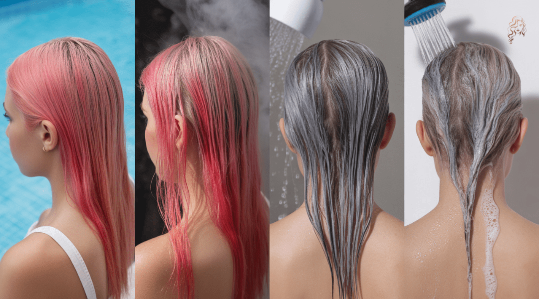 Timeline-style image showing how vibrant hair color fades over time due to washing, hot showers, chlorine, and environmental exposure.