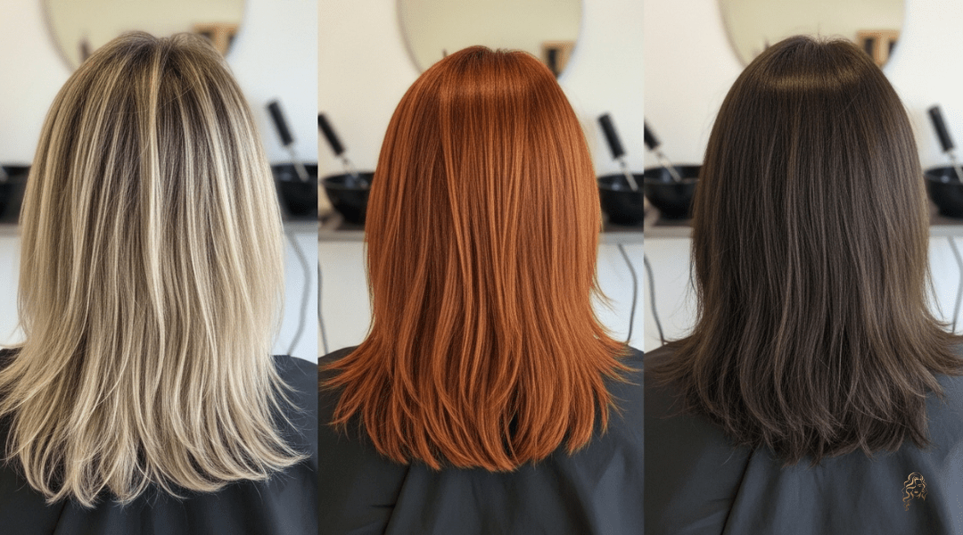 Side-by-side comparison of bleached, henna-treated, and natural hair showing how past treatments affect hair color results.