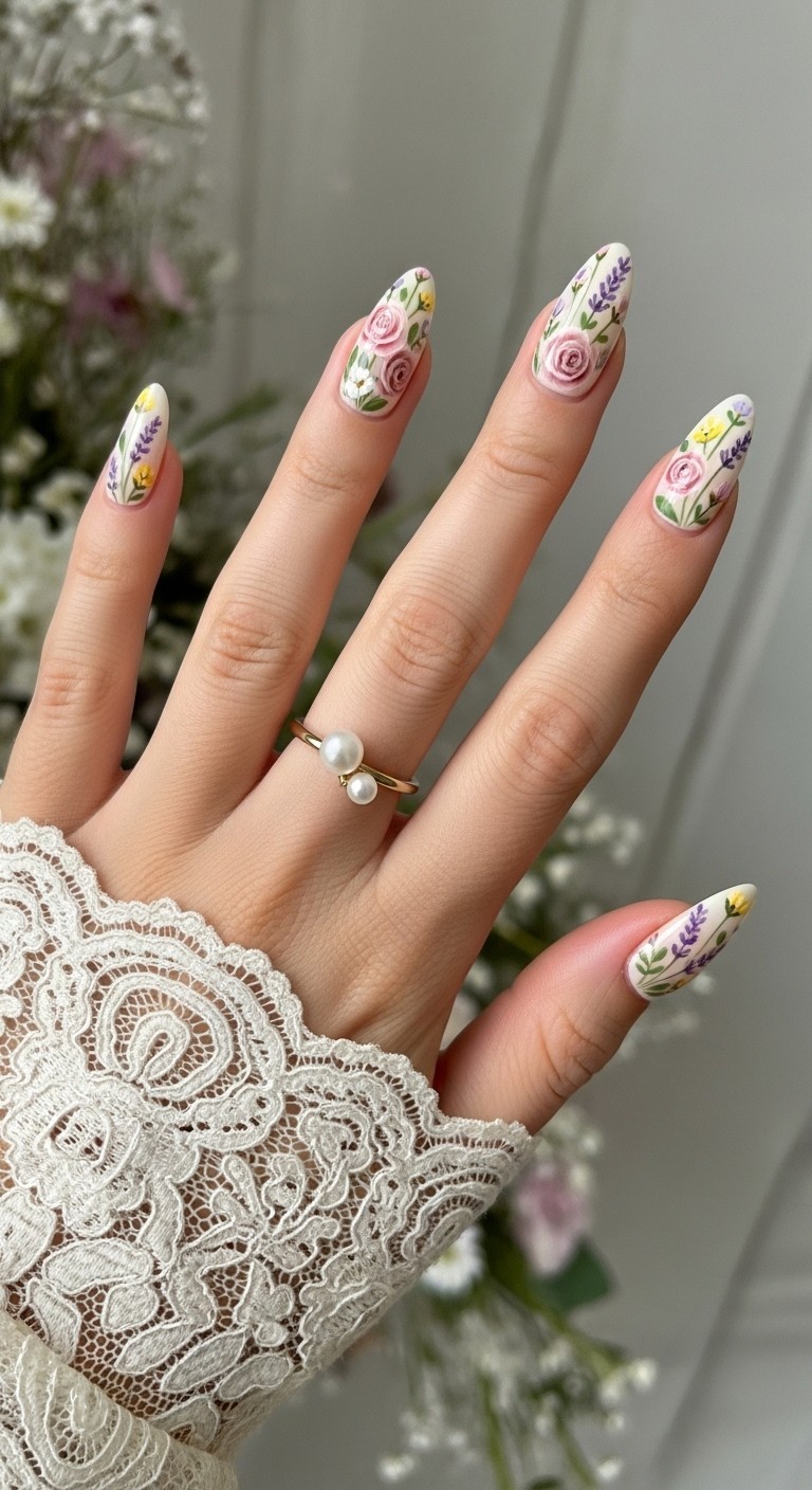 Hand with elegant floral nail art inspired by an English garden, featuring soft pastel flowers on a nude base, styled with a romantic sleeve.