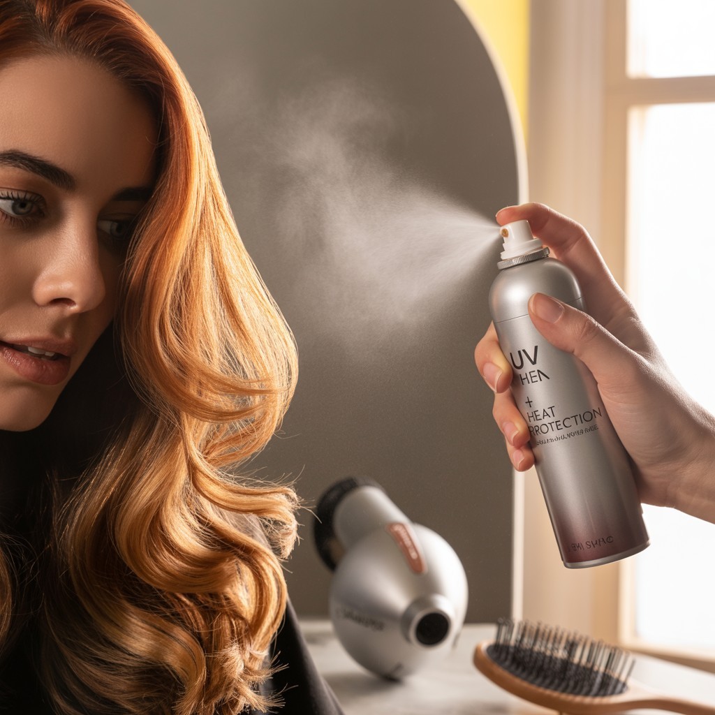 Applying heat protectant spray to copper balayage hair to prevent fading from styling tools and sun exposure