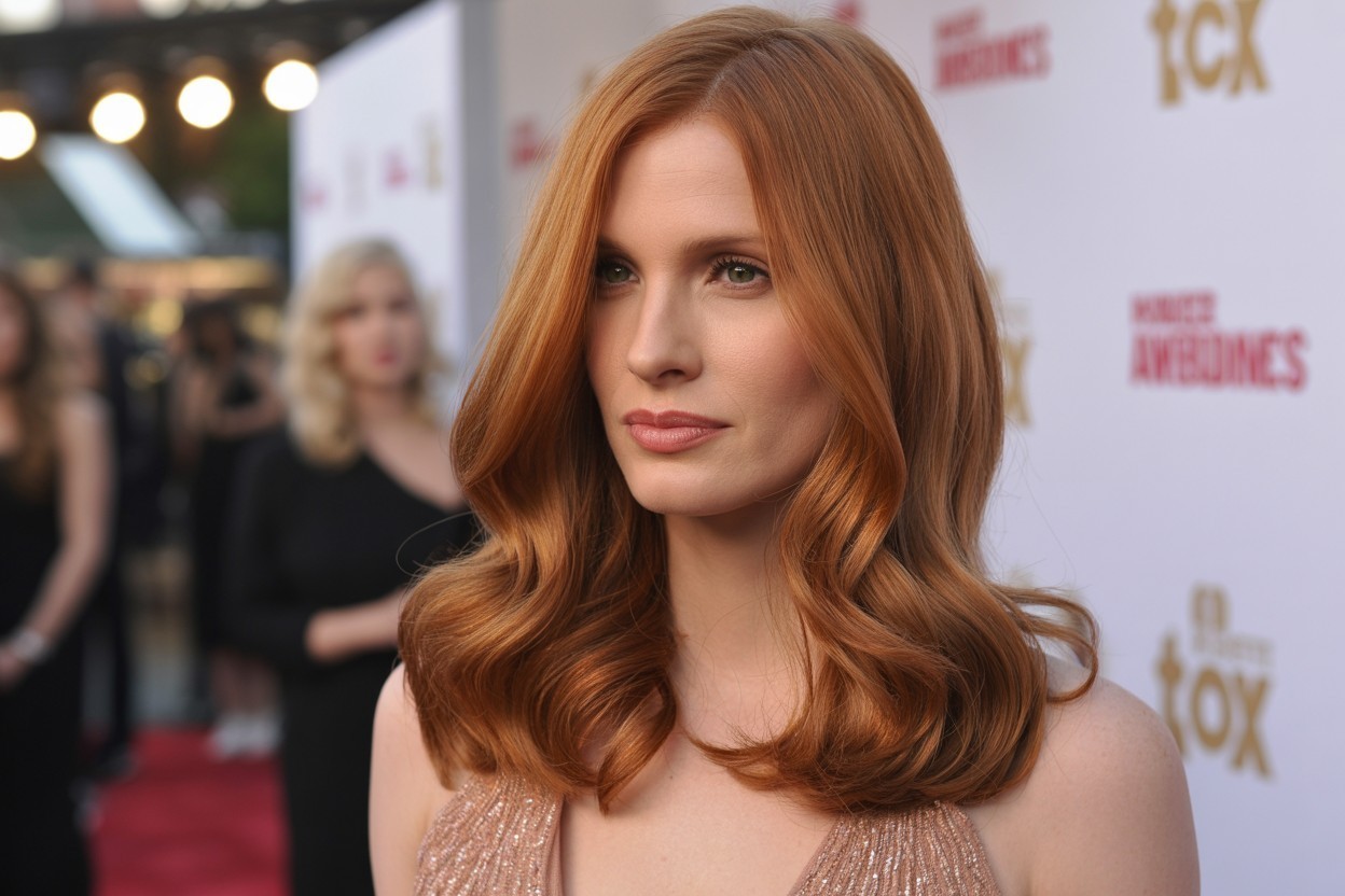 Jessica Chastain with chunky copper highlights on auburn hair, styled in soft waves at an award show red carpet, showcasing bold balayage contrast.
