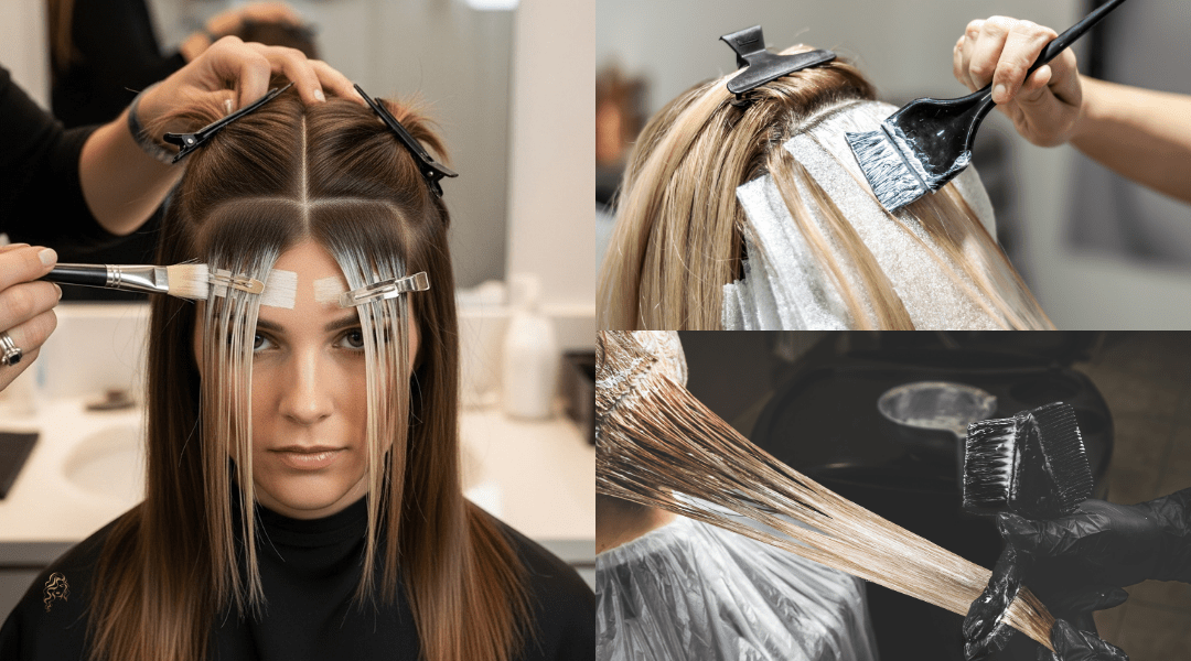 Three highlight placement techniques shown: foil application with precise sections, freehand balayage painting, and face-framing highlights on the mohawk section.