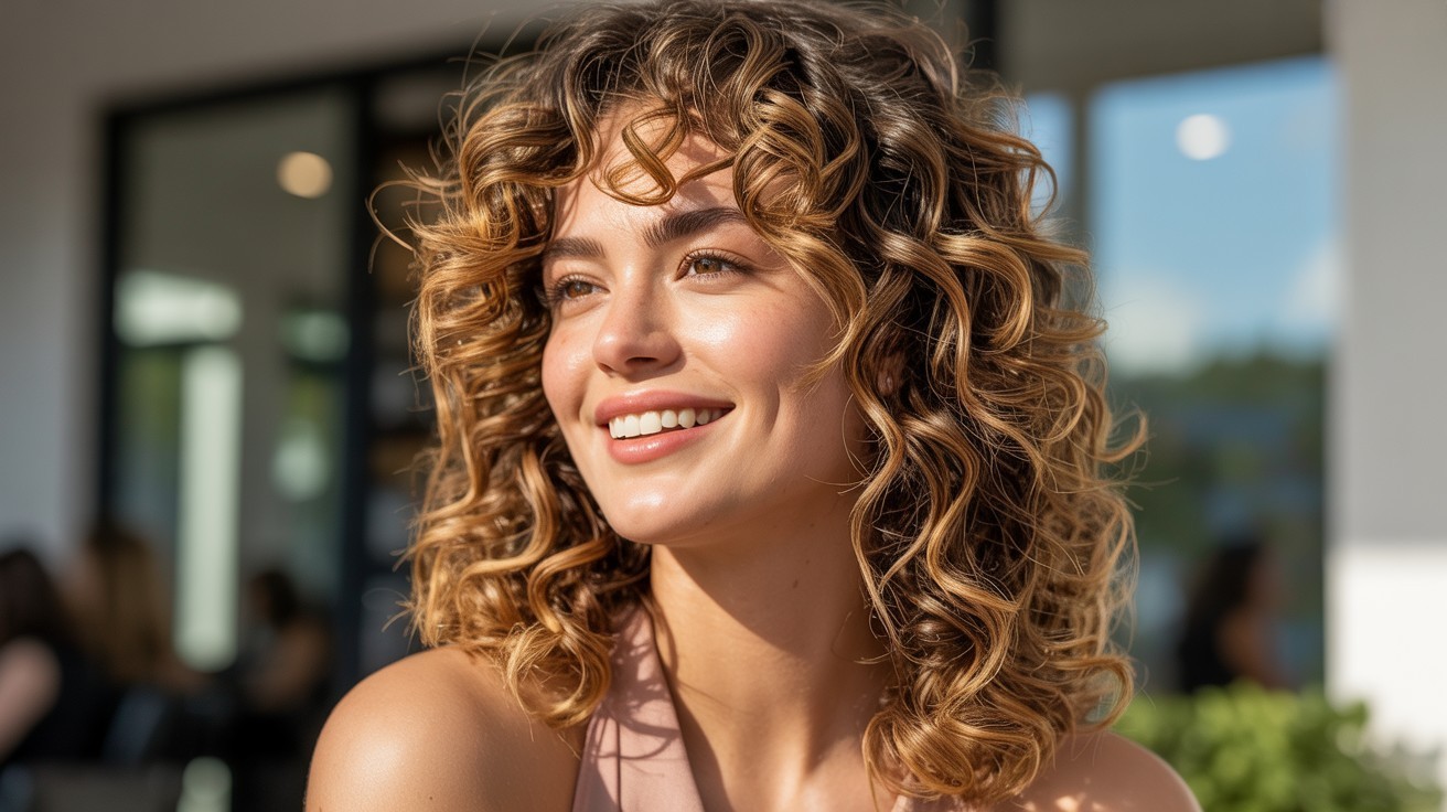 Close-up of curly chestnut hair with honey blonde balayage highlights catching the sunlight, styled in loose spirals at Salon 1150