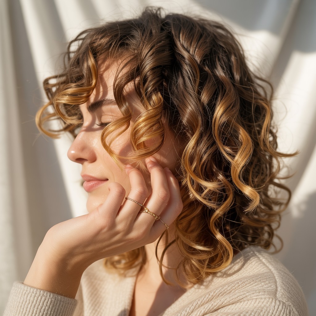 Layered curly brown hair with honey blonde balayage highlights, styled with soft gold rings and a neutral knit sleeve against a warm beige background.
