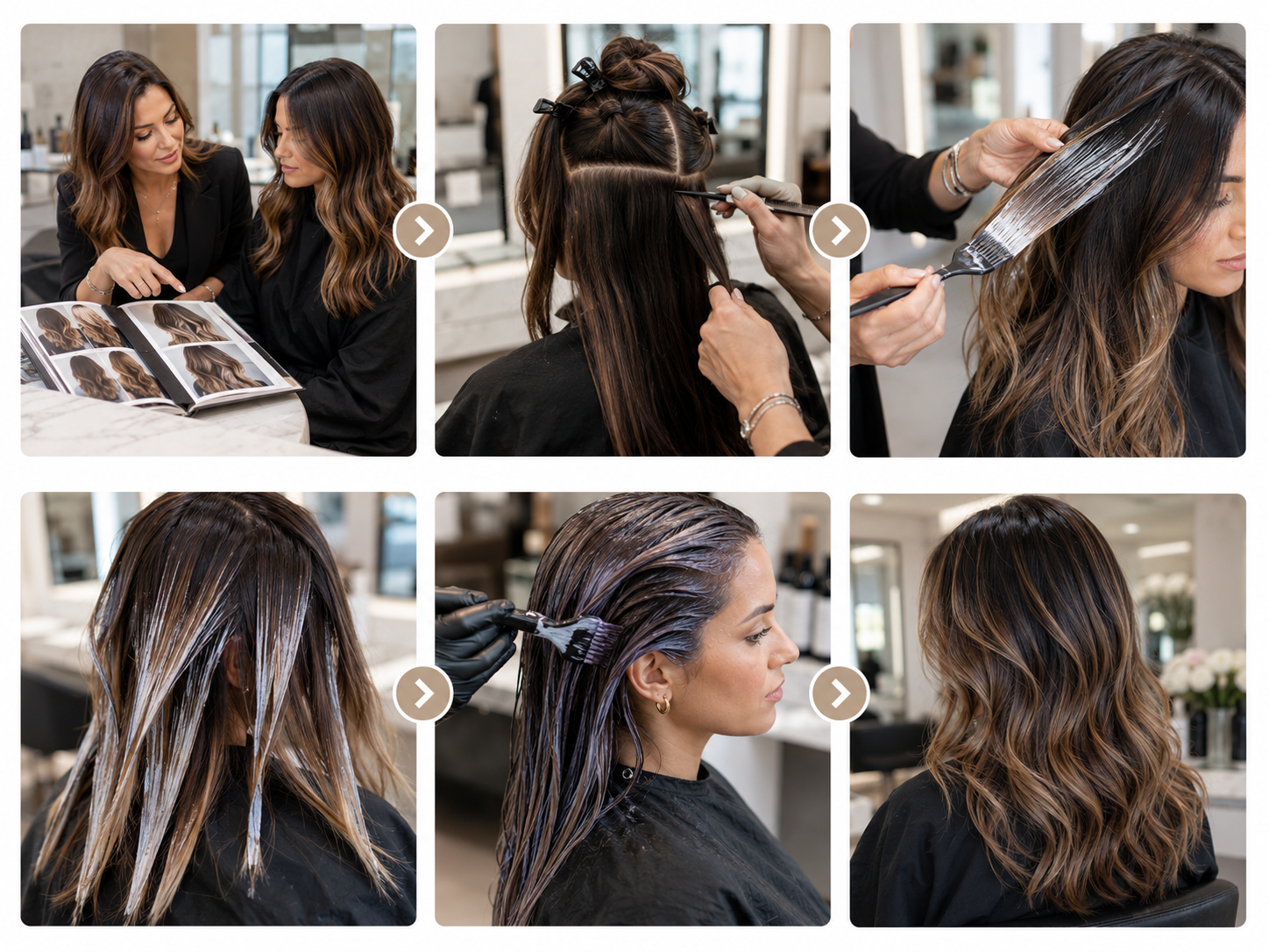 Visual overview of the balayage hair coloring process from consultation and sectioning to toning and the finished result.