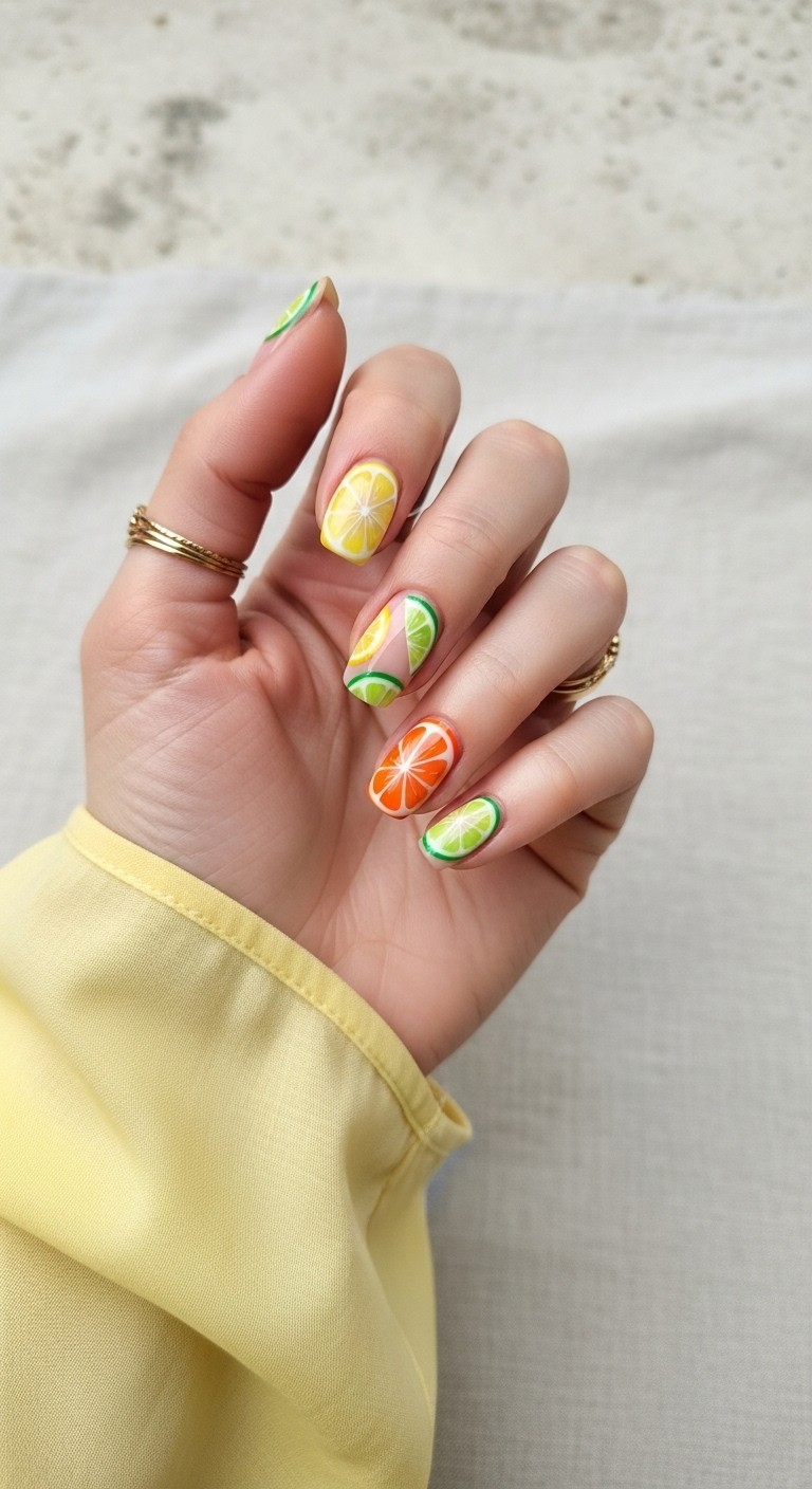 Hand-painted citrus slice nail art on natural nails with lemon, lime, and orange designs over a nude base, shown on a relaxed hand with light summer dress sleeve.