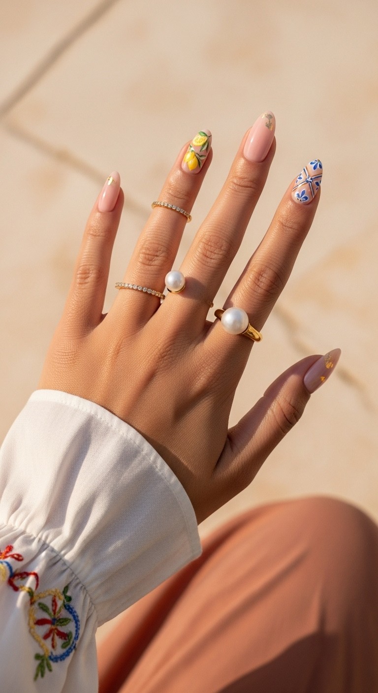 Hand with almond-shaped nails featuring La Dolce Vita-inspired designs like lemons and blue tiles, styled with a soft sleeve and warm-toned background.