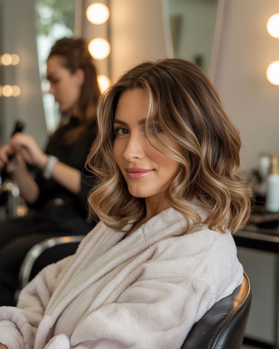 Woman in salon chair with medium brown hair and light butterscotch face-framing highlights styled in soft waves, glowing around the face.