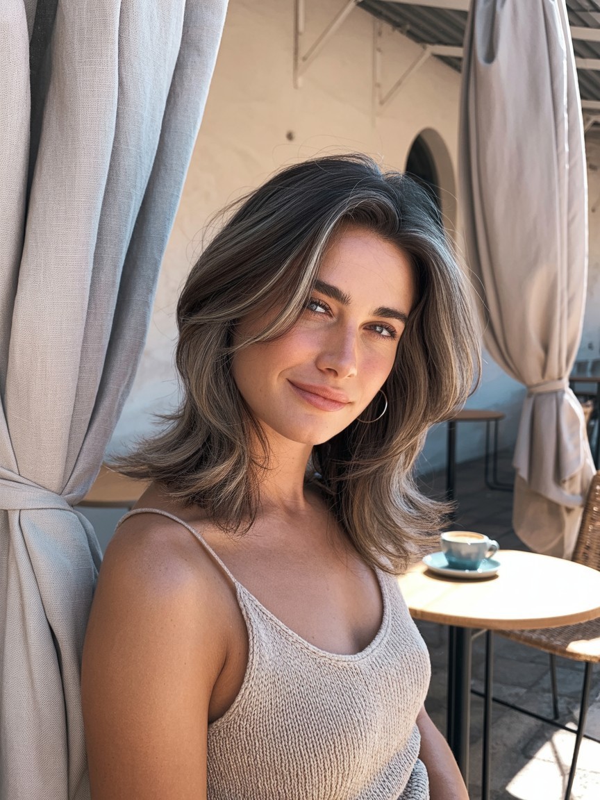 Woman with layered, wavy hair in lived-in ash balayage featuring ash brown base and smoky beige highlights, styled with a soft middle part.