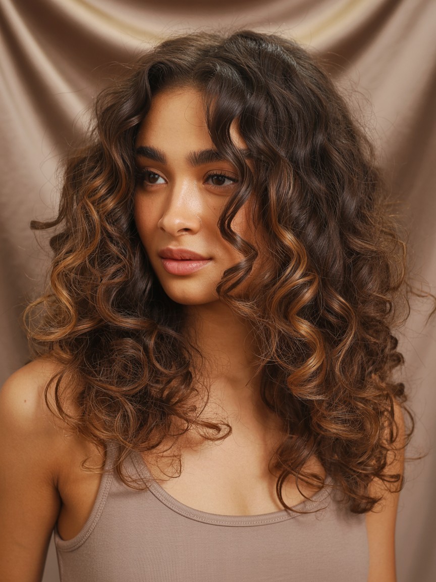 Loose ringlet curls with caramel balayage highlights on dark brown hair