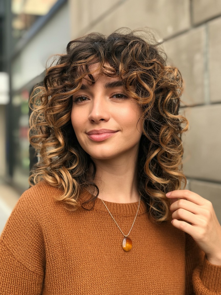 Curly hair in maple melt balayage with warm amber and golden brown highlights, styled in layers with a textured knit sweater and soft autumn lighting.