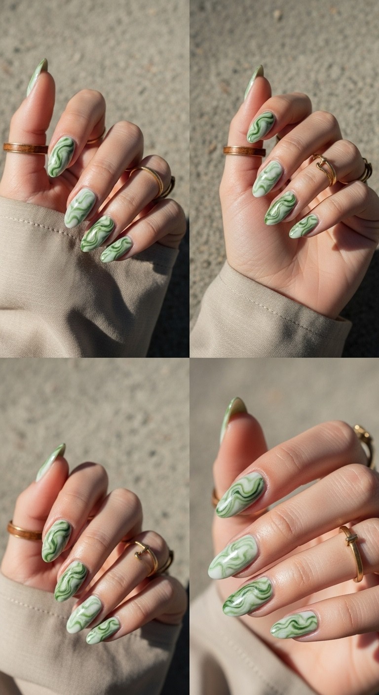 Glossy matcha green marble nail art with natural swirl patterns on a woman’s hand, shown at an angled dorsal view with a light sage fabric sleeve
