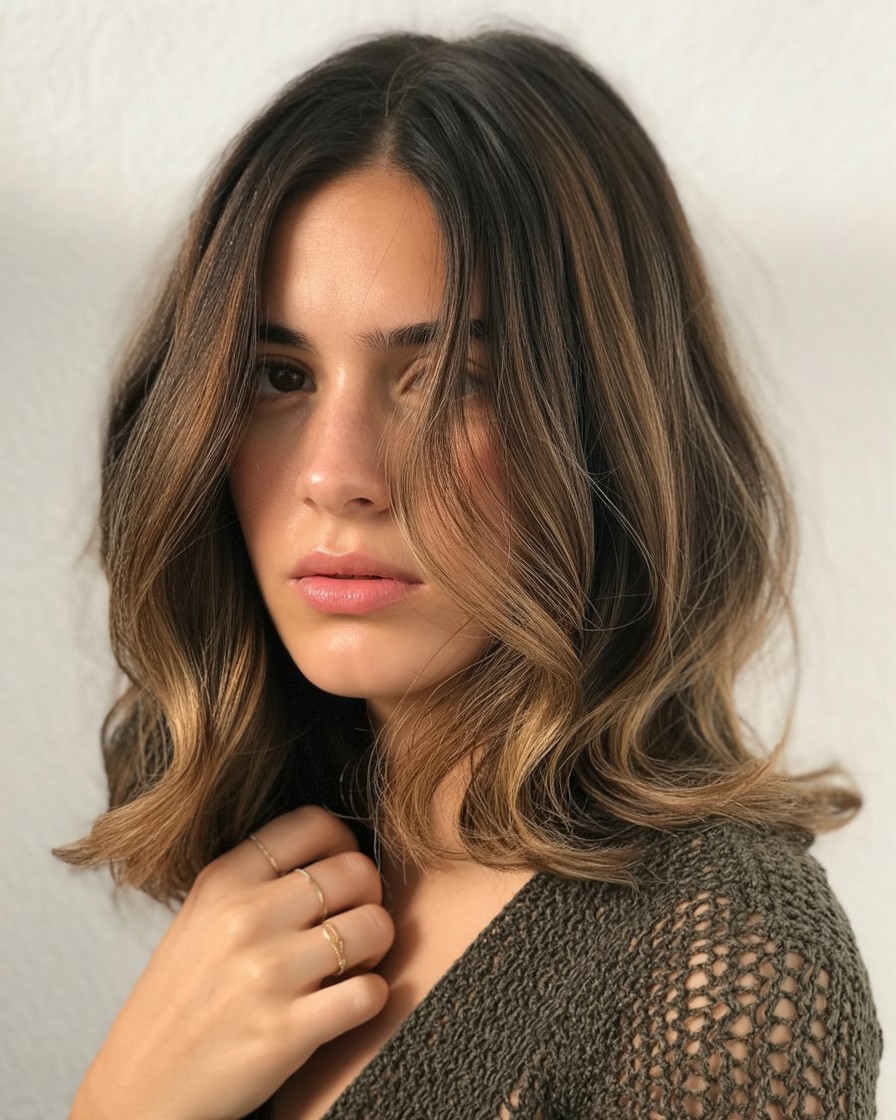 Medium-length brown hair with caramel balayage styled in loose waves and a glossy finish, featuring a soft blended transition from brunette roots to warm caramel ends.