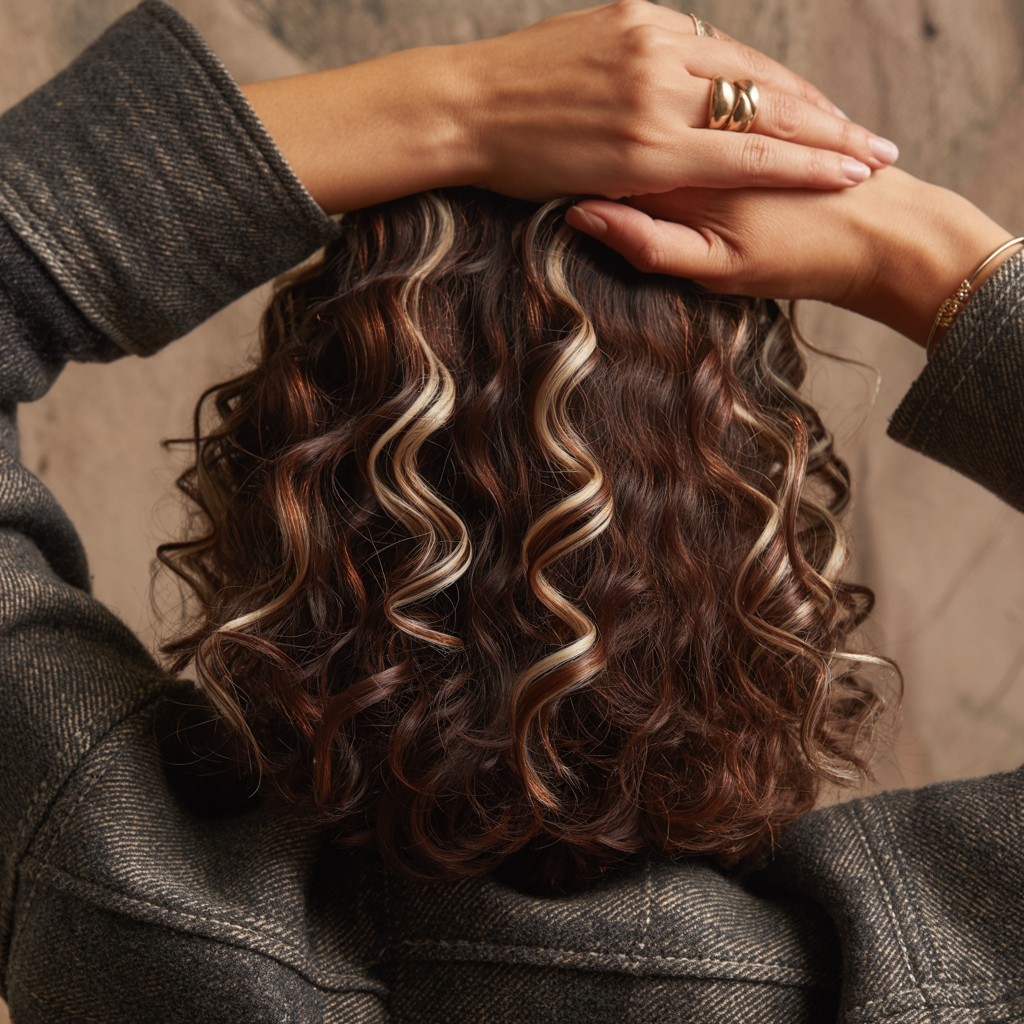 Chocolate brown curly hair with soft mocha and espresso balayage highlights, styled with gold rings and a dark textured sleeve against a warm-toned background.