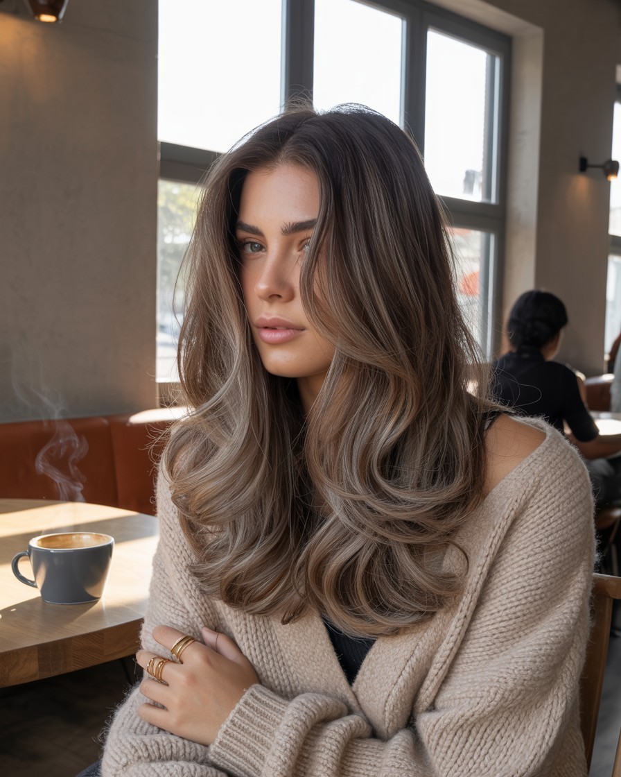 Brunette hair with subtle mushroom ash balayage, blending taupe and gray-brown tones on soft waves for a natural, earthy finish