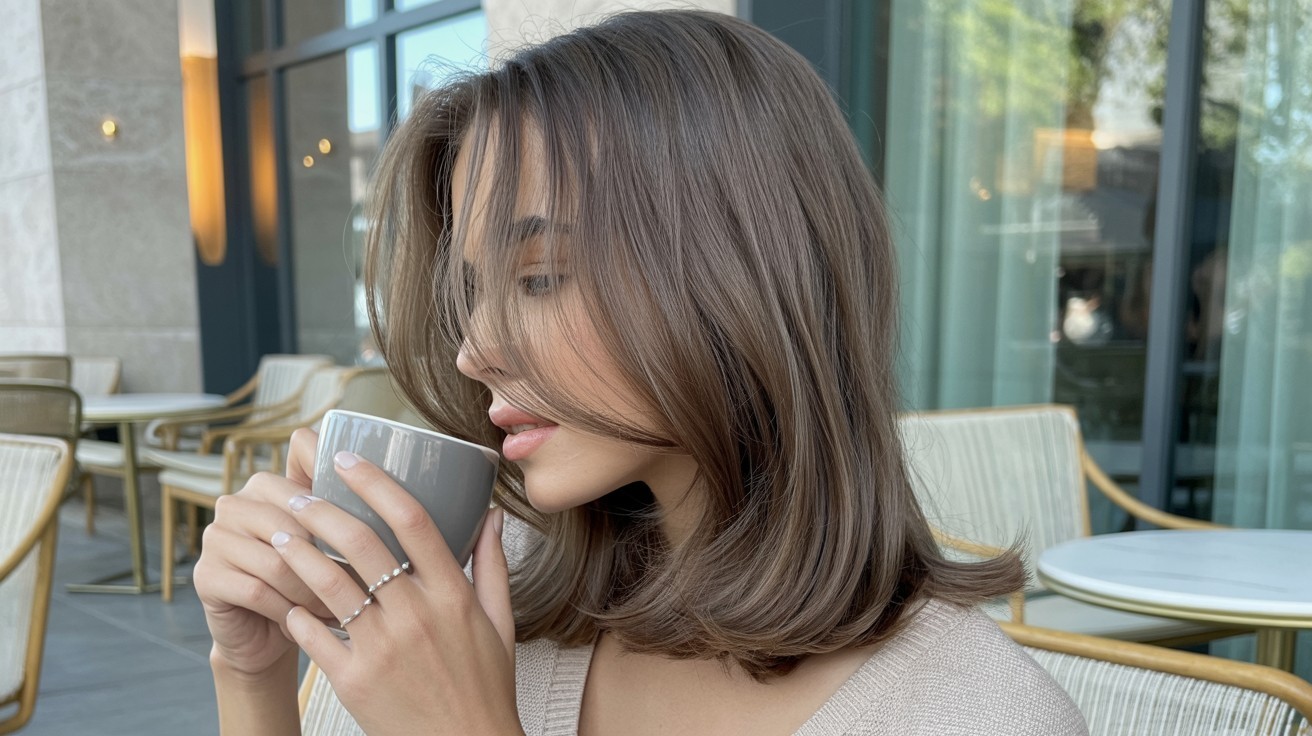 Medium-length ash brown balayage with a seamless blend of smoky taupe and gray-beige tones on softly waved hair