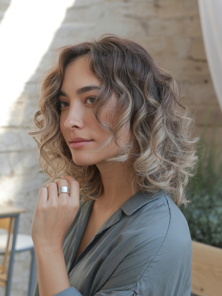 Loose, elongated curls with muted beige balayage and sandy blonde tones, styled with a silver ring and gray blouse in a soft urban outdoor setting.