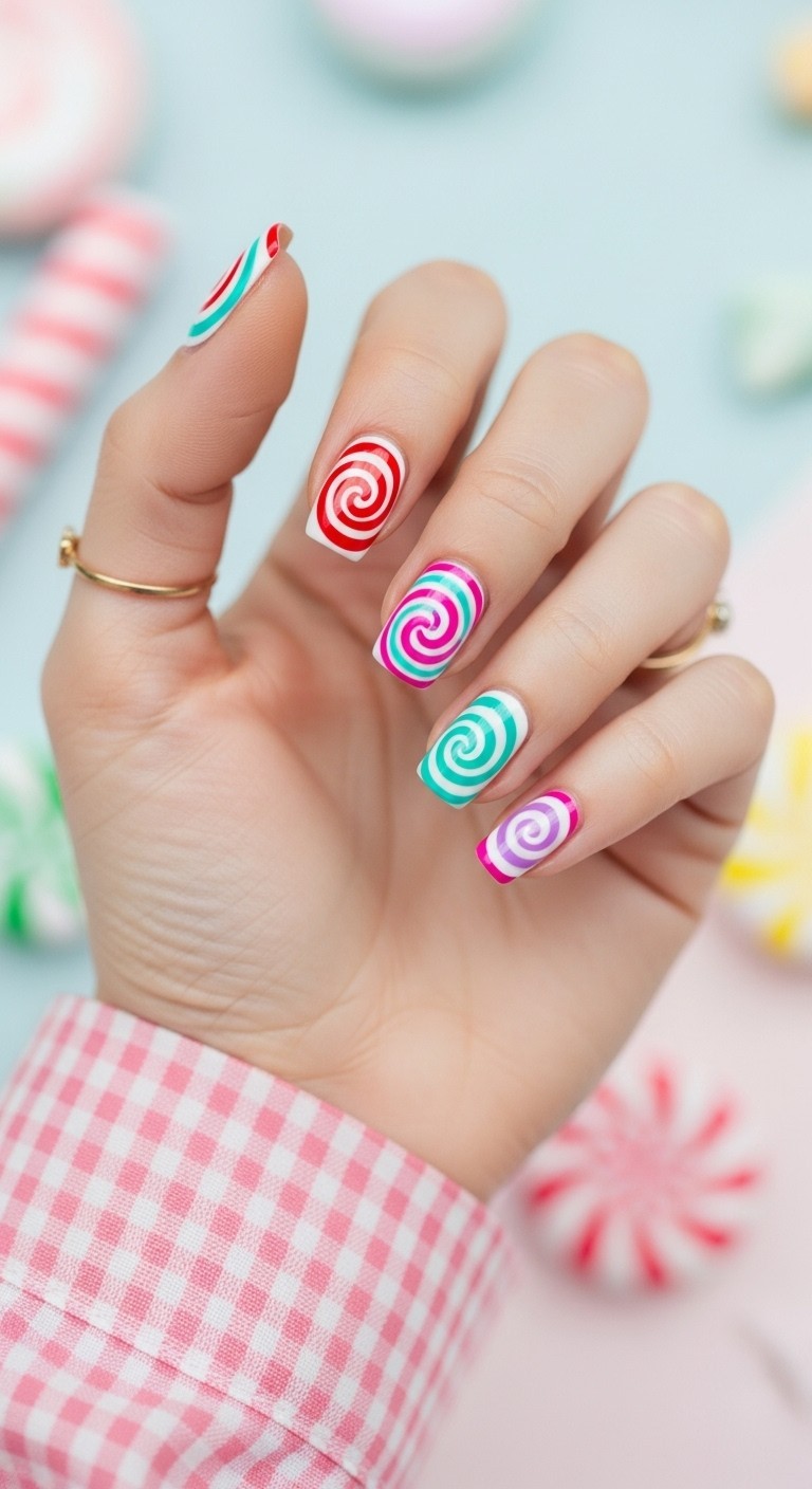 Lollipop-inspired nail art with bright swirls and candy-colored designs on a woman’s hand, featuring glossy polish and soft pink sleeve in a playful July theme.