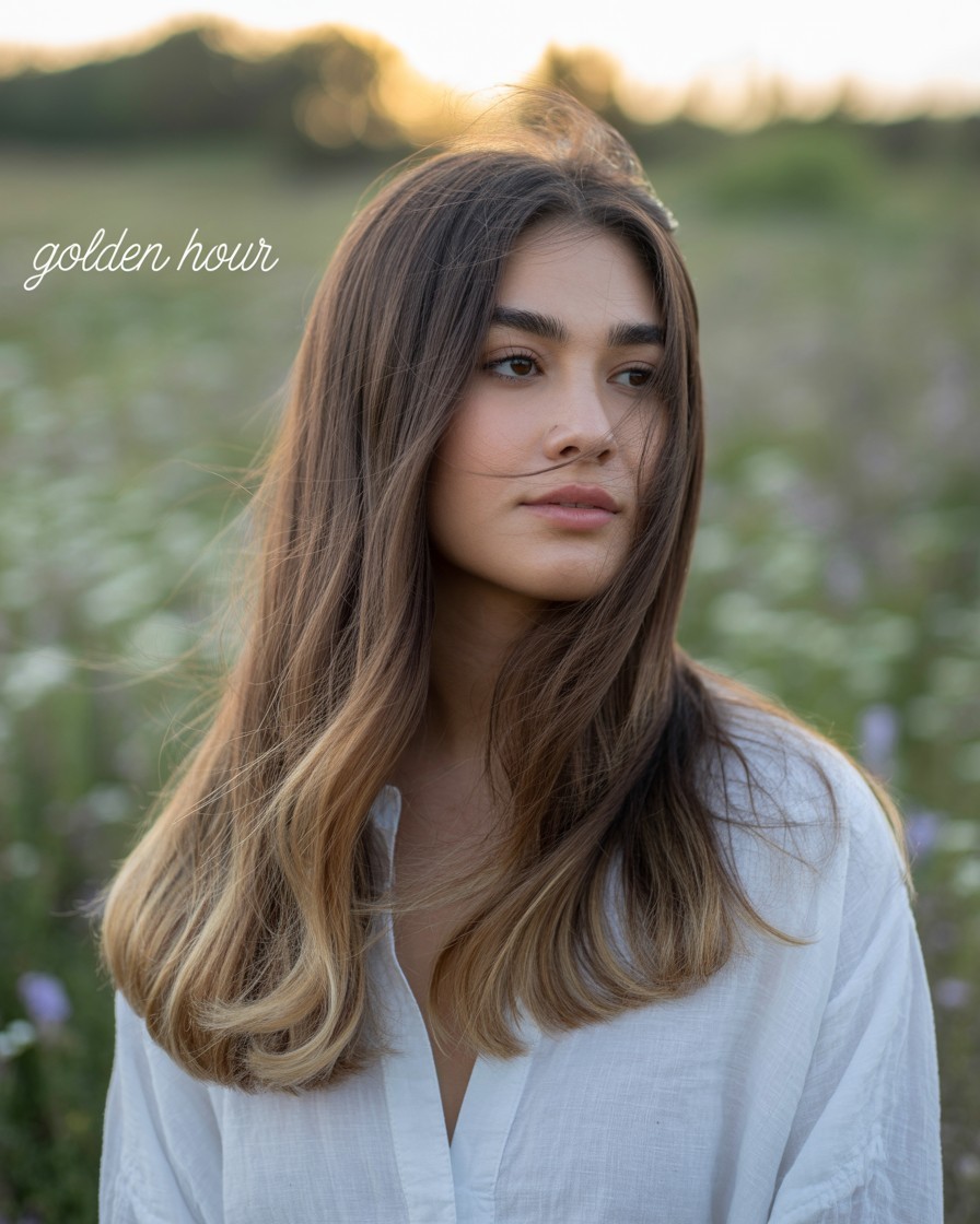 Natural medium brown hair with soft caramel balayage highlights, styled in loose waves and glowing in warm natural light.