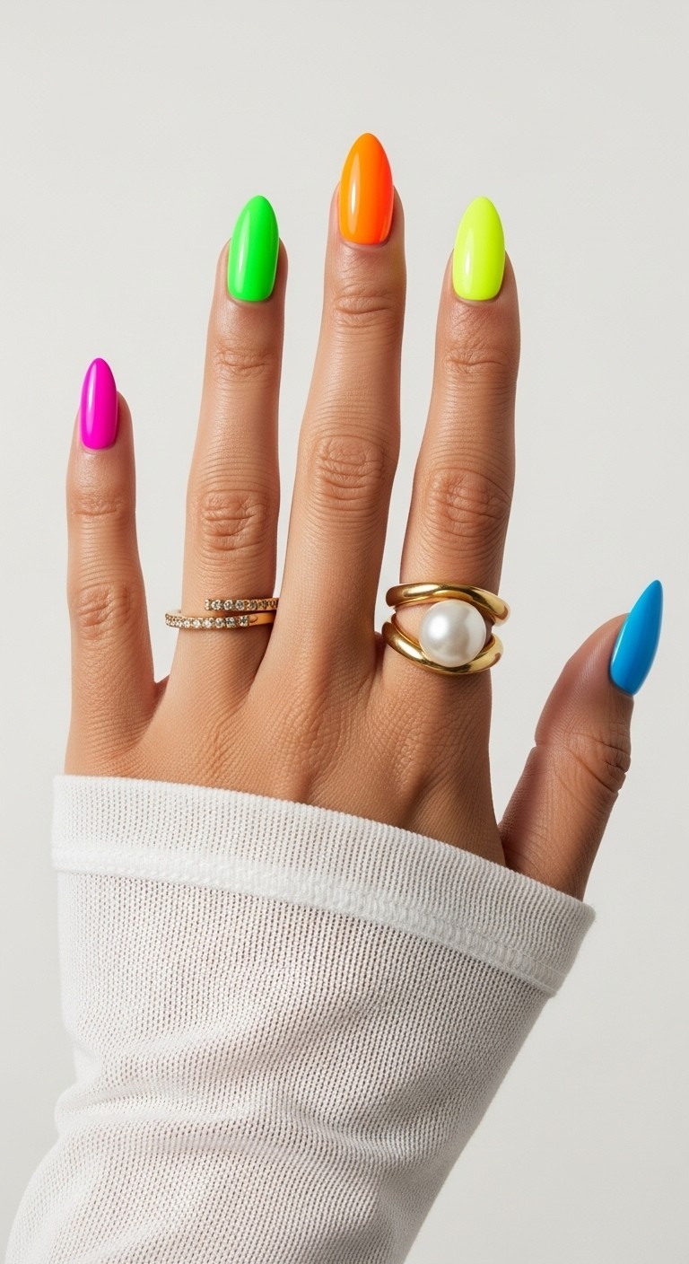 Neon skittle nail art with each nail in a different bold color—pink, green, yellow, blue, and orange—on a woman’s hand with a soft white sleeve and minimal accessories.