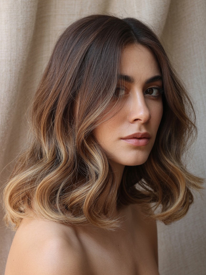 Dark brown hair with partial caramel balayage focused on lower lengths