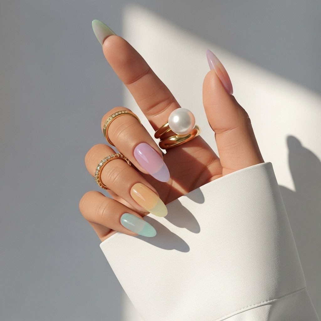 Hand with pastel jelly nails in lavender, peach, mint, and lilac, styled with glossy polish and gold rings, wearing a white summer blouse sleeve against a soft neutral background.