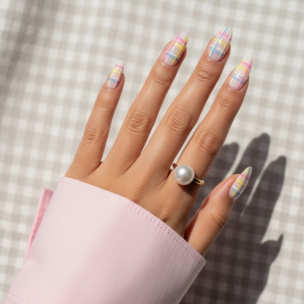 Hand with almond-shaped nails featuring multi-colored pastel plaid designs in pink, yellow, blue, and white, styled with a pearl gold ring and soft pink sleeve, set against a grey checkered background.