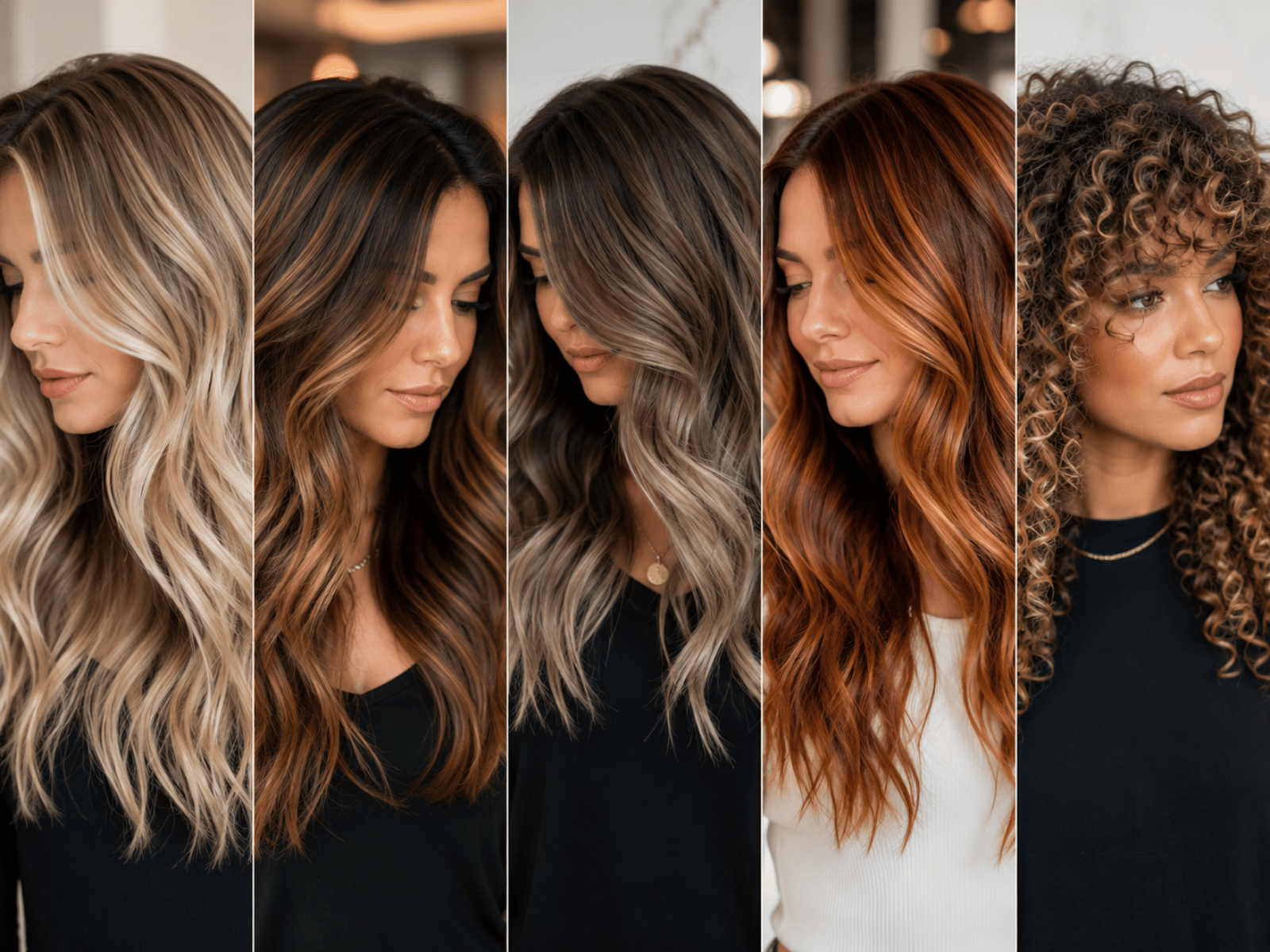 Collage showing blonde, caramel, ash brown, copper, and curly hair balayage styles with different tones and dimensions.