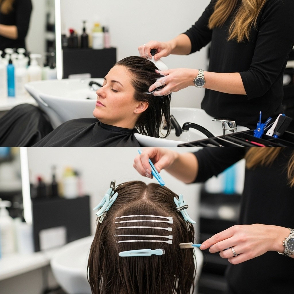 Hair stylist sectioning damp brunette hair into quadrants with salon clips after clarifying shampoo, prepping for balayage.